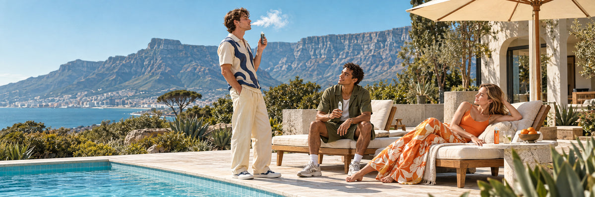 Stylish young adults relaxing poolside in Cape Town with ATING BAR refillable vape pod systems and signature e-liquids.